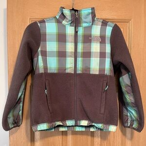 North Face Girl's Small Fleece Jacket Green/Blue Plaid Full Zip